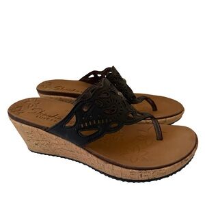 Skechers Luxe Foam Wedge Slip On Sandals Lacer Cut Black Size 9